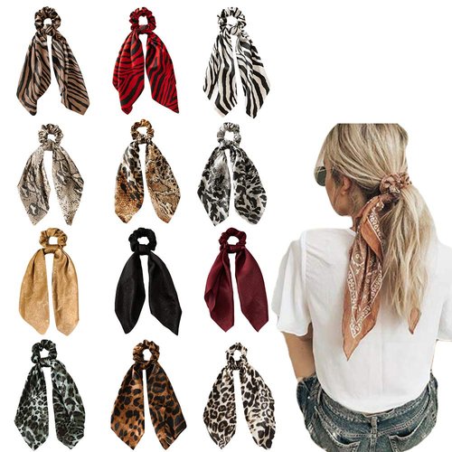 12 Pcs Bandana Hair Scarf Scrunchies,Animal Style Leopard Print Hair Scarf Scrunchies, Including 3 Solid Colors & 3 Cheetah Printed & 3 Zebra Printed & 3 Snake Printed (12 PCS A)