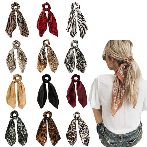 12 Pcs Bandana Hair Scarf Scrunchies,Animal Style Leopard Print Hair Scarf Scrunchies, Including 3 Solid Colors & 3 Cheetah Printed & 3 Zebra Printed & 3 Snake Printed (12 PCS A)