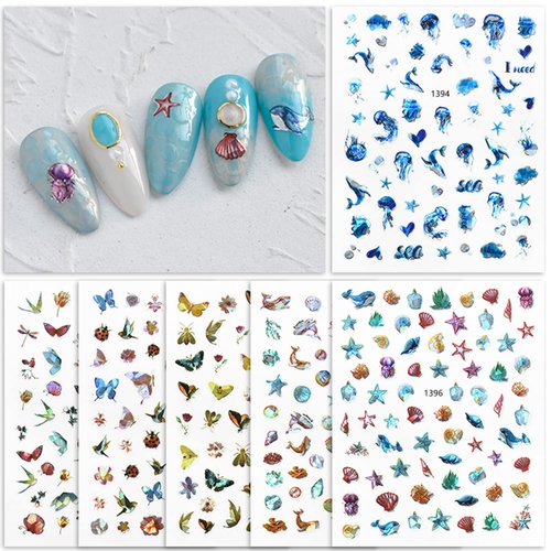 Cute Sea Animal Nail Art Stickers, Laser Little Animal Self-Adhesive Sticker Design, 3D Butterfly Birds Dragonfly Jellyfish Conch Shell Nail Transfer Decals for Women Girls Manicure Beach Decorations