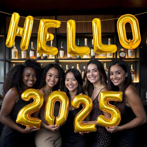 Gold Hello 2025 Balloons Numbers New Years Decorations with Star Balloons for New Years Eve Party Supplies 2025, New Year Balloons for Happy New Year Decorations 2025, NYE Decorations 2025