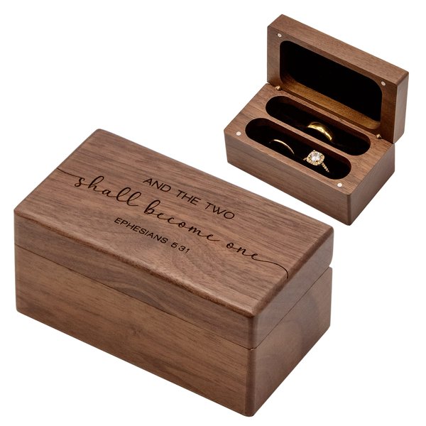 MUUJEE Ephesians 5:31 Quad Ring Box - Engraved Wooden Ring Case Box for Wedding Ceremony Ring Bearer Anniversary Birthday Valentines Gift Ideas