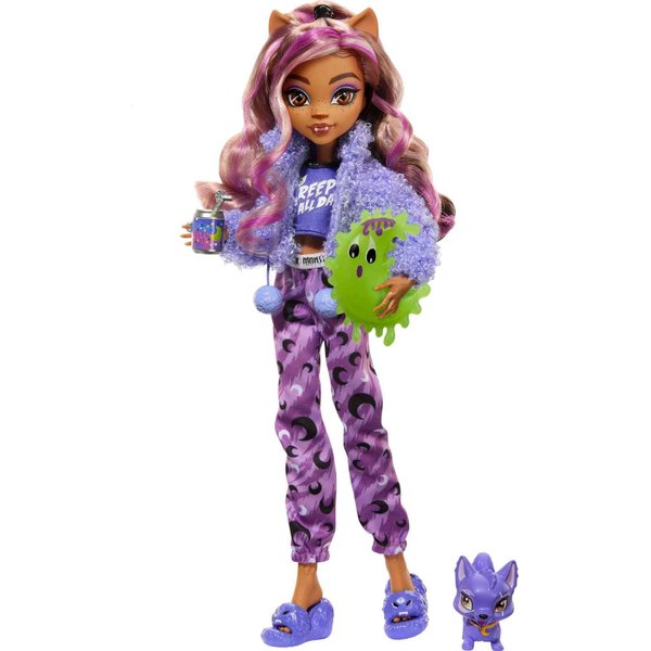 Monster High Creepover Party Doll, Clawdeen Wolf with Pet Dog Crescent, Sleepover Clothes & Accessories like Eye Mask & Pizza