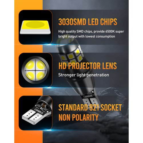 LUYED 912 921 LED Bulbs Reverse Lights Xenon White 2200 Lumens Extremely Bright Canbus Error Free W16W T15 906 3030 20-EX Chipsets with Lens for Tail Backup Lights, Pack of 2