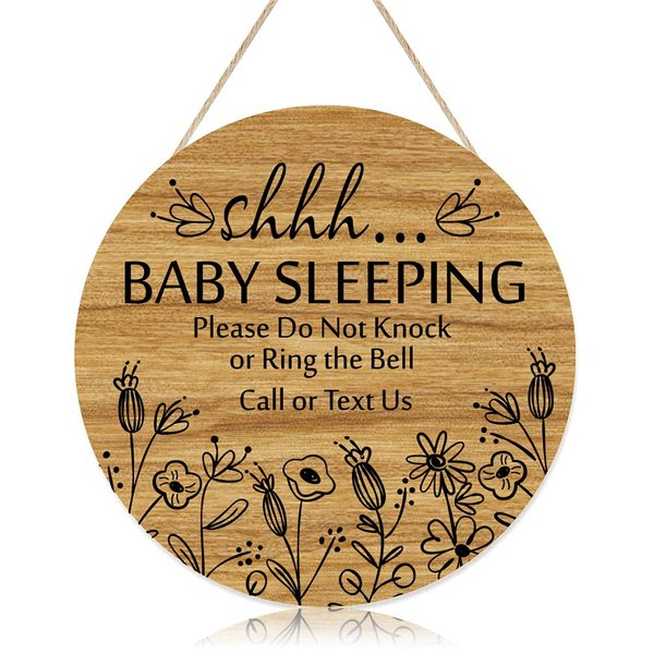 Shhh... Baby Sleeping Hanging Sign Plaque, Do Not Knock Or Ring The Bell, Round Rustic Wooden Door Hanger for Baby Room, Nursery, Kindergarten, Bedroom, Door Knob Door Bell Decor