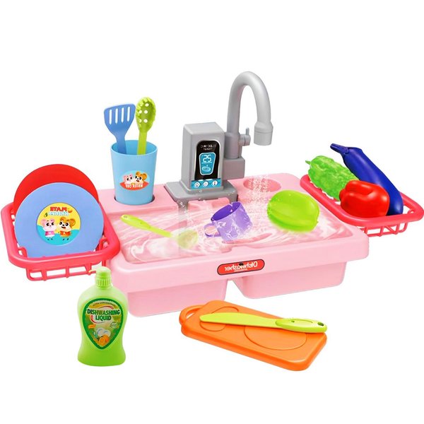 Play Kitchen Sink Toy Set with Real Faucet, Interactive Children Electric Dishwasher Playing Toy and Play Dishes - Pretend Play Toys for Boys and Girls