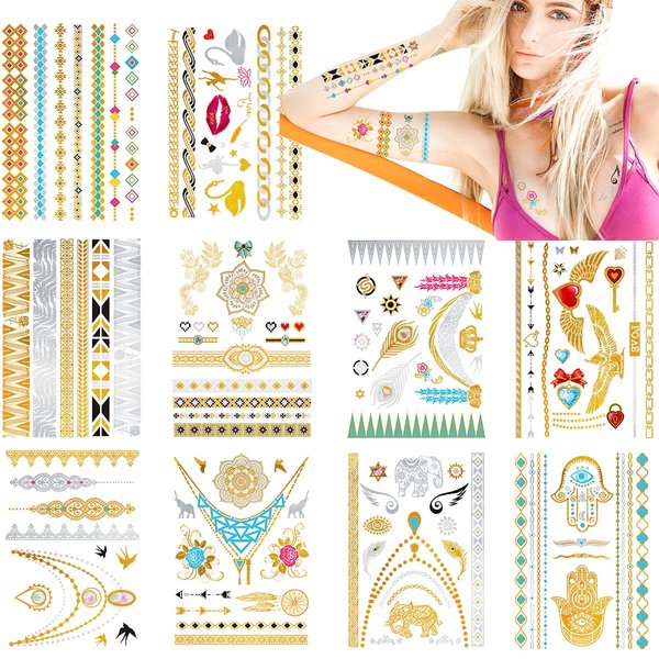 db11 Metallic Temporary Tattoos Silver & Gold for Women Girls Kids 10 Sheets, 100+ Glitter Henna Tattoo Sticker Aniuvot Fake Jewelry Body Makeup Flash Coachella Festival Halloween Christmas Accessory