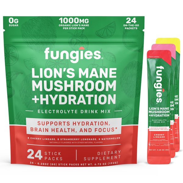 Fungies Lion's Mane Mushroom + Hydration Daily Electrolyte Drink Mix | Sugar-Free | Essential Electrolytes | Brain Health, Focus, and Hydration Supplement Powder for Adults | Variety Pack (24 Count)