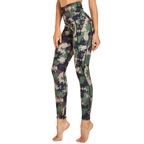 COOLOMG High Waist Yoga Pants with Pockets for Women Thick Tummy Control Workout Gym Running Leggings Green Camo