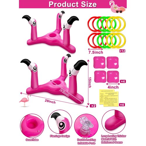 [ Pool Cornhole & Ring Toss ] 2-in-1 Flamingo Pool Game, 2 Flamingo Cornhole Board 12 Rings 4 Bean Bags Pool Toy Luau Hawaii Party Multiplayer Pool Bean Bags Toss Game for Adult Family Summer Pool