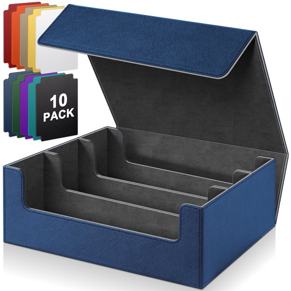 KKU 1800+ Card Storage Box for Trading Cards, PU Leather Card Deck Case, Magnetic Closure Collectible Card Protectors Fit for Magic Game Cards (Deep Blue&Black)
