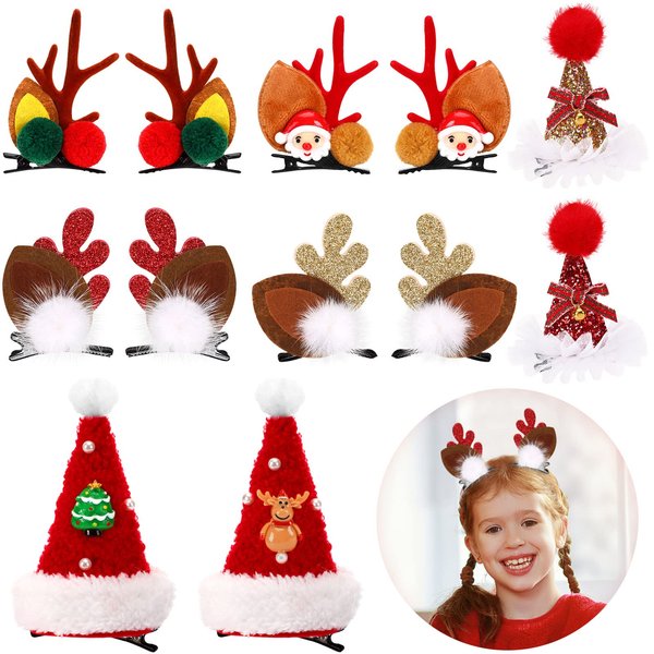 JUNEBRUSHS 12 Pcs Christmas Hair Clips Accessories Cute Reindeer Antlers Headband Ears Headdress Hairpins Christmas Tree Hat Hair Barrettes Party Favors