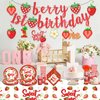 Yingoto 150pcs Strawberry First Birthday Decor Tableware Set for 20 Guests, includes Berry First Birthday Banner Hanging Swirl Paper Plate Cup Fork Straw Napkin Tablecloth Sweet One Birthday Party