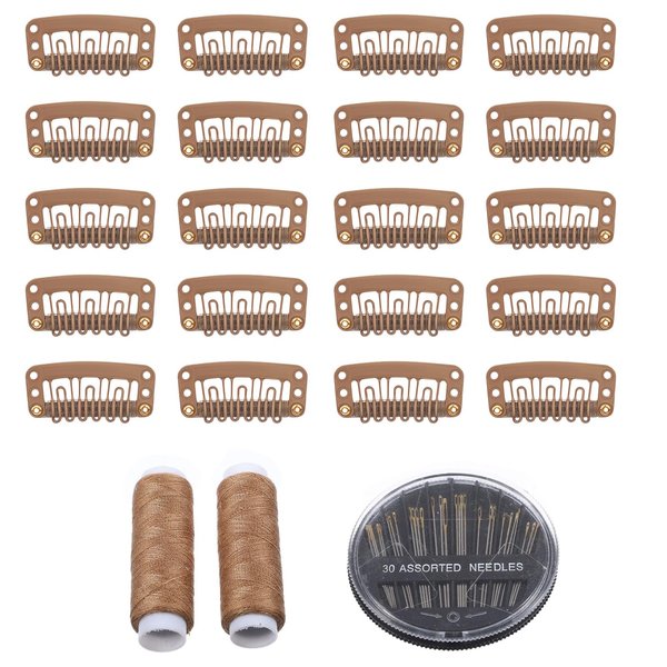 30 Pcs Clips for Hair Extensions U-Shape Wig Clips for Hair Extensions 32mm 6 Teeth Stainless Steel Snap Clips Brown Clip in Hair Extensions Wigs 30 Assorted Sewing Needles and 2 Rolls Thread