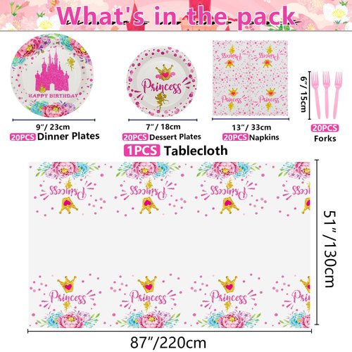 Princess Party Decorations - 81pcs Castle Decorations Including Pink Paper Plates, Princess Napkins, and Tablecloth for Princess Belle Birthday Party Decorations Princess Party Supplies, Serve 20