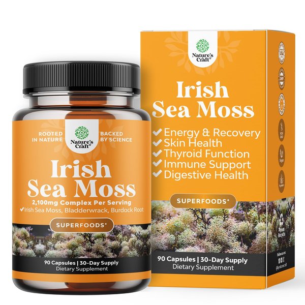Organic Irish Sea Moss Capsules - Sea Moss and Bladderwrack Capsules with Burdock Root Superfood Blend for Immune Support Heart Health Fertility Joint Health and Thyroid Support for Women and Men