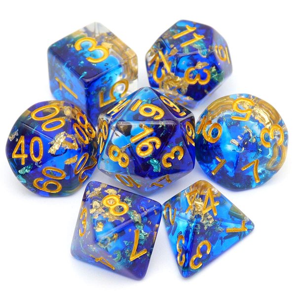Haxtec DND Dice Set 7PCS Polyhedral Dice for Roleplaying Dice Games as Dungeons and Dragons-Blue Clear Gold Foil