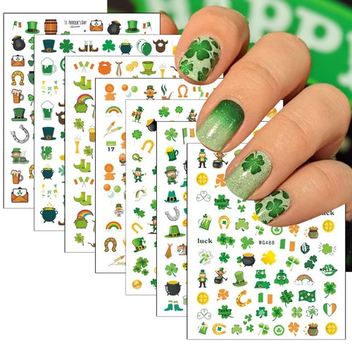 7 Sheets St Patricks Day Nail Stickers 3D Shamrock Nail Decals Green Irish Clover Nail Supplies Lucky Leaf Gold Hat Letters Nail Art Design for Women Girls Manicure St. Patrick's Day Nail Decoration