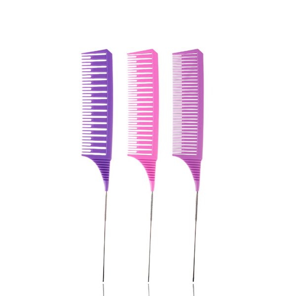SKYPIA 3 Piece Professional Dyeing Hair Comb Set Highlight Combs for Hair Stylist Weaving Styling Brush Set with Long Stainless Steel Rat Tail Stylist Combs for Hair (Purple & Pink)……