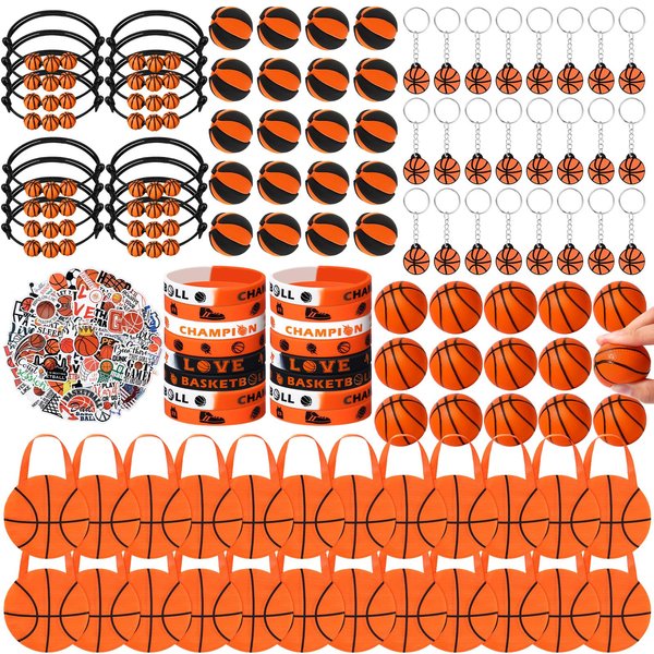Aoriher 194Pcs Basketball Party Favors Set Basketball Silicone Charm Bracelets Mini Basketball Bouncy Balls Toy Keychains Non Woven Gift Goodie Bags Sticker Eraser for Basketball Sports Party Supplies