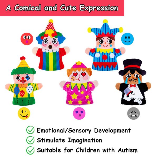 ARASTTA Hand Puppets, 5 Pieces Puppets for Kids, Circus Hand Puppets for Toddlers 1-3, Different Textures Baby Sensory Toys, Suitable for Puppet Shows, Therapy Toys（Magicians and Clowns）