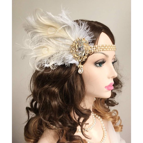 Teyglen 1920s Flapper Feather Headband White Feather Roaring 20s Headpiece with Crystal Pearl Headband Great Gatsby Hair Accessories for Women Prom Party Festival