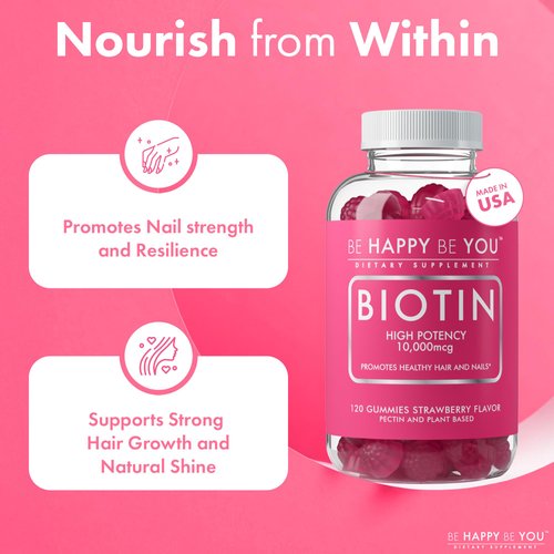 Be Happy Be You Biotin Gummies 10,000mcg – 120 Count – Supports Healthy Hair & Stronger Nails – Fast Absorption Supplement for Men & Women – Vegan, Non-GMO, Pectin, Gelatin Free – Made in USA