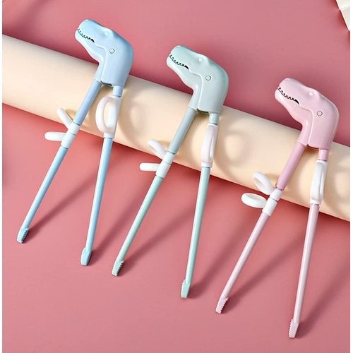 Training Chopsticks for Kids, Jawbush 3 Pairs Reusable Kids Chopsticks, Cute with Dinosaur Head, Non-slippery Indented Tips and Adjustable Finger Loops, Easy to Use and Clean, Dishwasher Safe