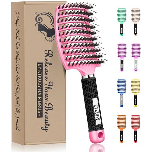 KTKUDY Detangling Brush Boar Bristles Hair Brush Make Hair Shiny & Healthier Curved and Vented Detangler Brush for Women Men Kids Wet & Dry Hair (Pink)