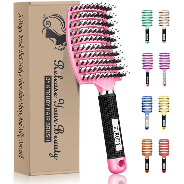 KTKUDY Detangling Brush Boar Bristles Hair Brush Make Hair Shiny & Healthier Curved and Vented Detangler Brush for Women Men Kids Wet & Dry Hair (Pink)