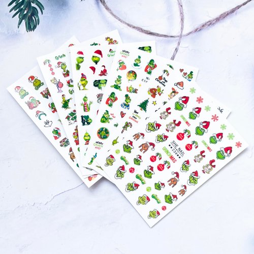 Christmas Nail Art Stickers Funny Cartoon Grinchs Design 3D Self-Adhesive Nail Decals Xmas Tree Santa Claus Acrylic Nail Decorations Winter Nail Supplies Holiday DIY Manicure Accessories for Women