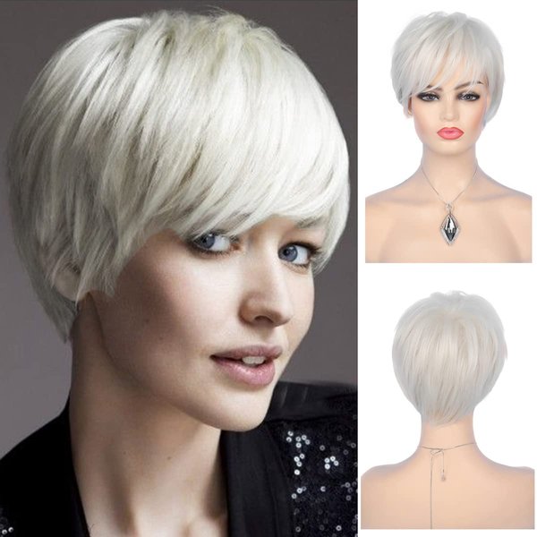 Baruisi Short Cream White Wigs for Women Synthetic Natural Party Cosplay Pixie Wig with Wig Cap