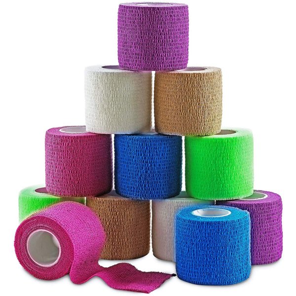 MEDca Self Adherent Cohesive Wrap Bandages 2 Inches X 5 Yards 12 Count with Strong Elastic and Colorful First Aid Tape for Sprain Swelling and Sorenes (Rainbow Color)