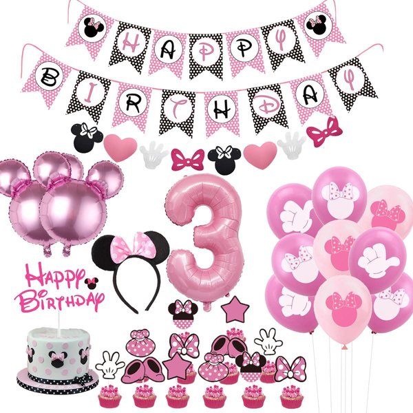 Wekayli Minnie 3rd Birthday Party Supplies Minnie 3 Year Old Girls Birthday Party Decorations Minnie 3rd Birthday Cake Cupcake Toppers Number 3 Foil Balloon Banner Minnie Birthday Decorations