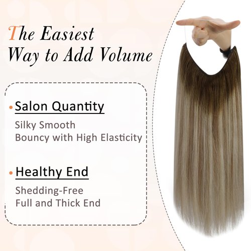 Full Shine Invisible Wire Hair Extensions Real Human Hair Balayage Ombre Wire Hair Extensions 3/8/22 Dark Root Secret Extensions Fishing Line Hair Extensions for Women 80 Grams 16 Inches