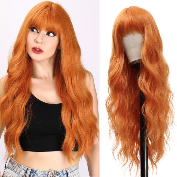 Orange Wig Long Wavy Wig with Bangs Orange Curly Wigs for Women Synthetic Curly Wavy Wig for Party Cosplay Daily Use 26 Inch