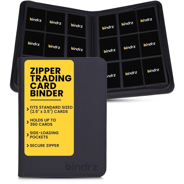 bindrz Trading Card Zipper Binder - Premium 9 Pocket Card Binder for 360 Sleeved Cards - Side Loading Pockets Compatible with TCG MTG and Sports Cards (Black)