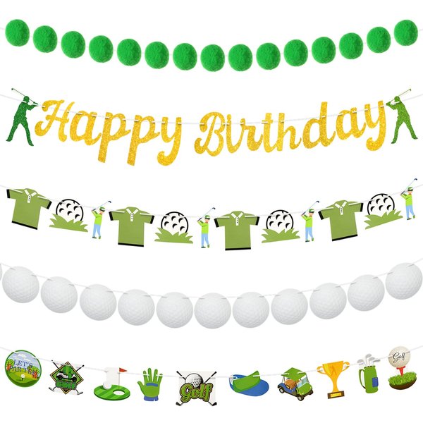 Colarr 5 Pcs Golf Birthday Party Decorations Include Happy Birthday Golf Banner, Golf Birthday Banner, White Golf Ball Banner and Green Pom Pom Garland for Kids Boys Men Golf Party Decorations