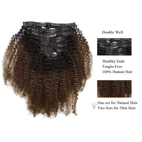 Caliee Afro Kinky Curly Clip in Hair Extensions Remy Brazilian Human Hair 4A 4B for African American Black Women Two Tone T#1B/4 Brown 120 Gram 12 Inch