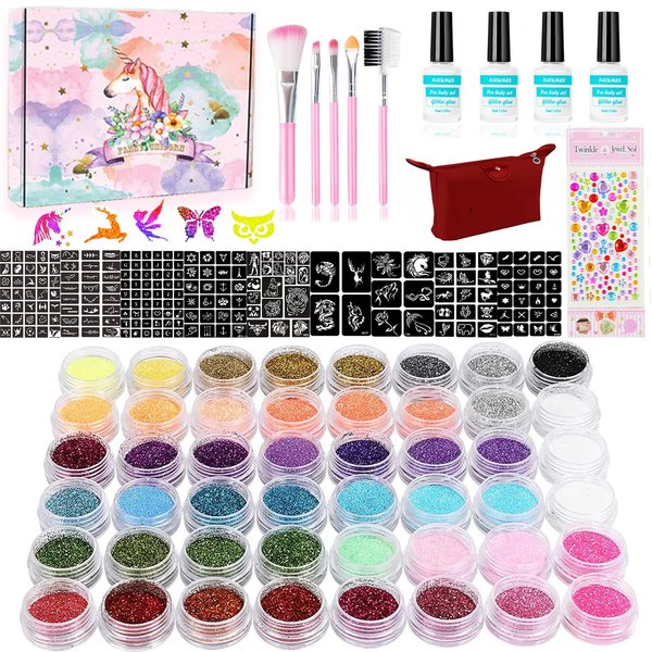 Glitter Tattoos Kit 48 Colors Waterproof Temporary Tattoos with 203 Stencils, 5 Brushes 4 Glue, Body Nail Art, Body Glitter Festival Party (48 Colors)