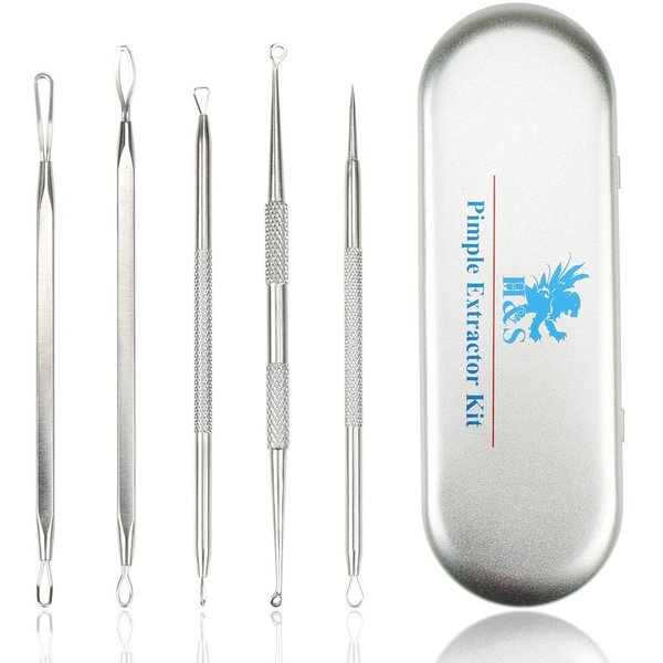 H&S Blackhead & Whitehead Remover Tool Kit - Stainless Steel Pimple Popper & Comedone Extractor Tools - Acne Facial Supplies w/Metal Case