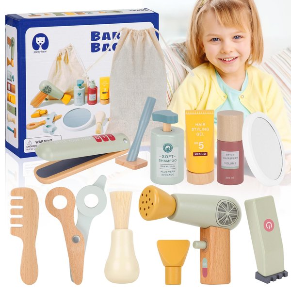 ZJEFUNS Wooden Makeup Toy Set for Kids Beauty Salon Pretend Play Toys for Toddlers Skin Care Learning Toys Cute Pretend Makeup Kit for Girls and Boys. (Hair Salon)