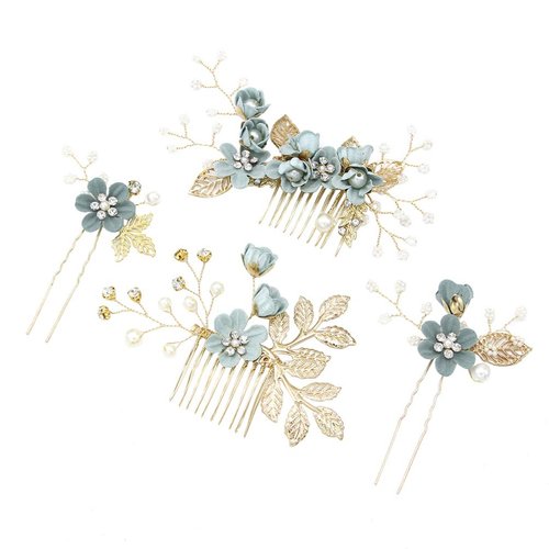 NUOBESTY 4Pcs Wedding Hair Clip Comb Handmade Bridal Hair Clip Pearl Floral Leaf Hair Accessories for Women Wedding ( Green )