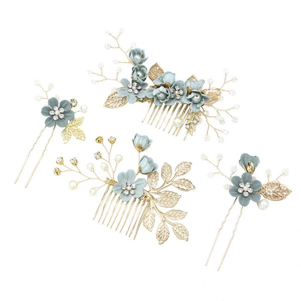NUOBESTY 4Pcs Wedding Hair Clip Comb Handmade Bridal Hair Clip Pearl Floral Leaf Hair Accessories for Women Wedding ( Green )
