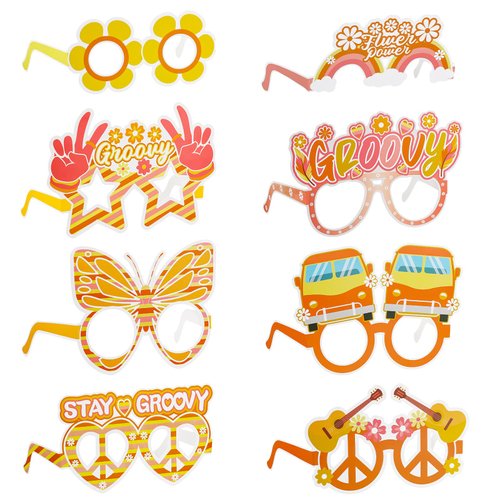 Spiareal 24 Pcs 70s Groovy Party Decorations Groovy Paper Glasses Groovy 60s Hippie Paper Glasses Boho Party Eyeglasses Butterfly Flowers Peace Sign Hippie Tie Dye Birthday Party Decor