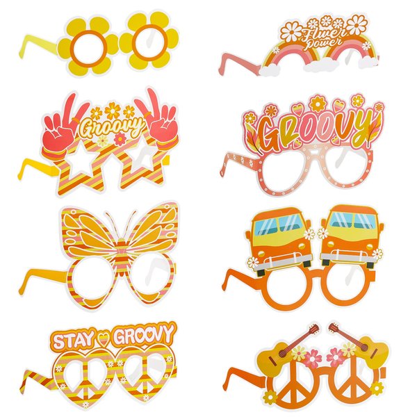 Spiareal 24 Pcs 70s Groovy Party Decorations Groovy Paper Glasses Groovy 60s Hippie Paper Glasses Boho Party Eyeglasses Butterfly Flowers Peace Sign Hippie Tie Dye Birthday Party Decor