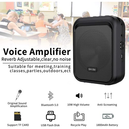 SHIDU Mini Voice Amplifier Portable Rechargeable Bluetooth Speaker with Wired Microphone Headset 10W 1800mAh PA system Supports MP3 Format Audio for Teacher, Taxi Driver, Coaches, Training, Tour Guide
