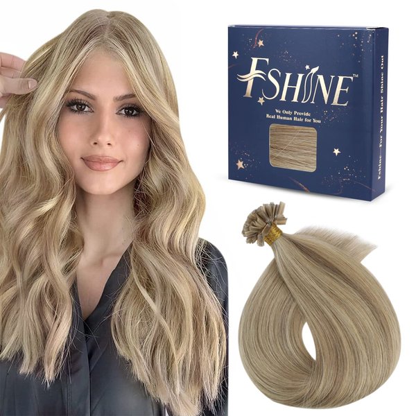 Fshine K Tip Remy Hair Extensions Pre Bonded 14 Inch Dark Ash Blonde Highlight with Golden Blonde U Tip Hair Extensions Keratin Bondings Tip Hot Fusion Straight Human Hair 40 Grams 0.8g/S