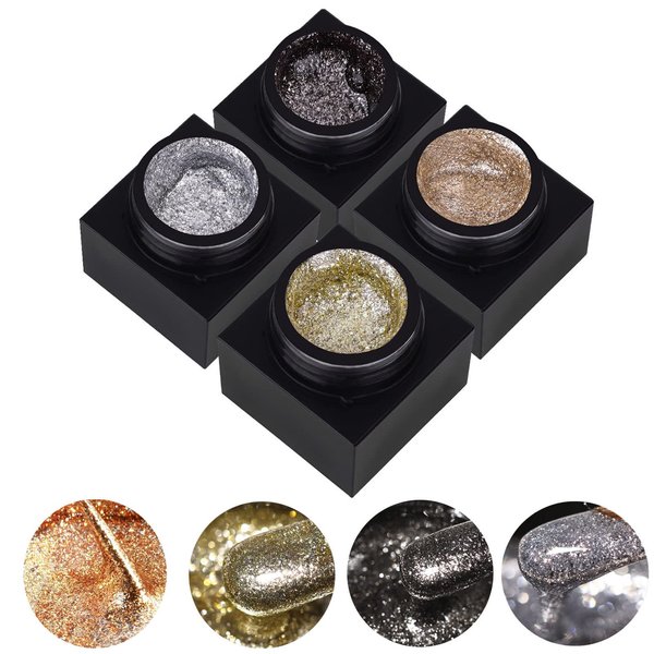 Silver Metal Glitter Gel Nail Polish 4 Colors Painted Metal Platinum Drawing Gel Polish Gold Silver Black Glitter Nail Polish Liner Sparkling Soak Off Gel for DIY Painting Nail Art Gel