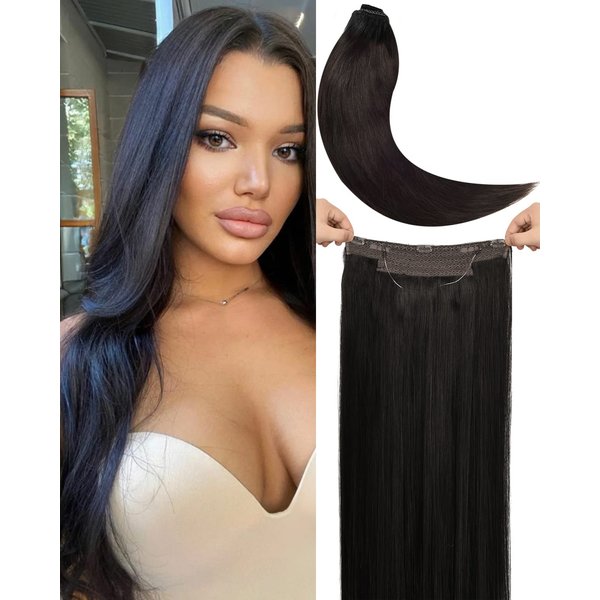 Invisible Wire Hair Extensions Human Hair 18 Inch 95g Hair Extensions Natural Straight Wire Hair Extensions with Transparent Fish Line Invisible Hairpiece(1B#Natural Black)