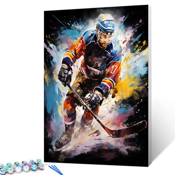 Ice Hockey Competition Paint by Numbers Kits with Brushes,Graffitic Extreme Sports Acrylic Oil Painting for Adults Kids American Athletes Pictures Arts Craft Men Cave Office Decor Gift (DIY Frame)